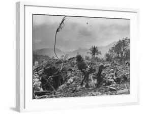 American Marine Hurls Hand Grenade Towards Japanese Position as His Partner Prepares to Do the Same-null-Framed Photographic Print