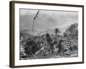 American Marine Hurls Hand Grenade Towards Japanese Position as His Partner Prepares to Do the Same-null-Framed Photographic Print