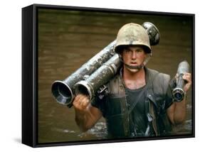 American Marine Pfc. Phillip Wilson Carrying Bazooka Across Stream Near DMZ During Vietnam War-Larry Burrows-Framed Stretched Canvas