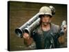 American Marine Pfc. Phillip Wilson Carrying Bazooka Across Stream Near DMZ During Vietnam War-Larry Burrows-Stretched Canvas