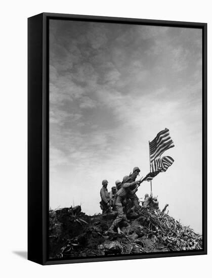 American Marines Replacing Small American Flag with Larger One Atop Mt. Suribachi-Louis R^ Lowery-Framed Stretched Canvas