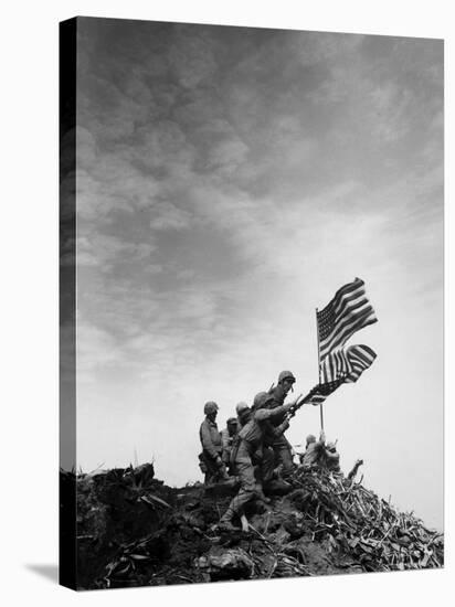 American Marines Replacing Small American Flag with Larger One Atop Mt. Suribachi-Louis R^ Lowery-Stretched Canvas