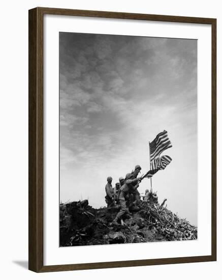 American Marines Replacing Small American Flag with Larger One Atop Mt. Suribachi-Louis R^ Lowery-Framed Photographic Print