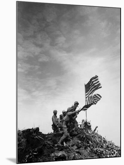 American Marines Replacing Small American Flag with Larger One Atop Mt. Suribachi-Louis R^ Lowery-Mounted Photographic Print