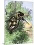 American Marksman in a Tree Firing at British Soldiers, Revolutionary War-null-Mounted Giclee Print
