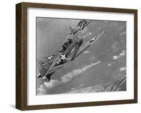 American Navy Torpedo Bombers Fly over Burning Japanese Ship During the Battle of Midway-null-Framed Photographic Print