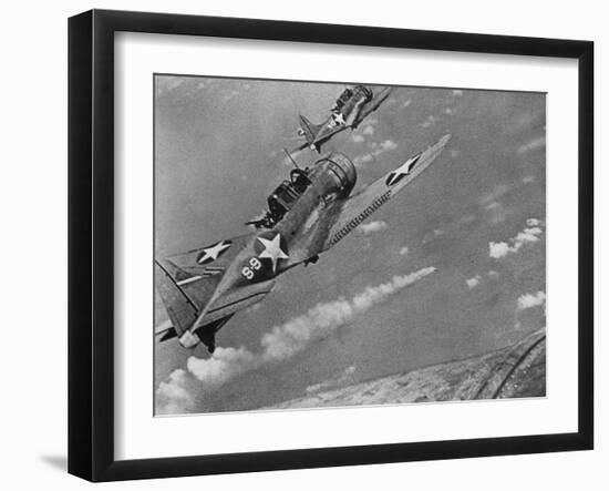 American Navy Torpedo Bombers Fly over Burning Japanese Ship During the Battle of Midway-null-Framed Photographic Print