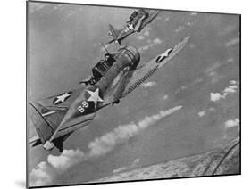 American Navy Torpedo Bombers Fly over Burning Japanese Ship During the Battle of Midway-null-Mounted Photographic Print