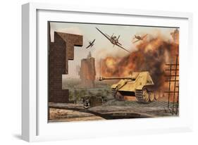 American P-47 Fighter Planes Attacking German Jagdpanther Tanks-null-Framed Premium Giclee Print