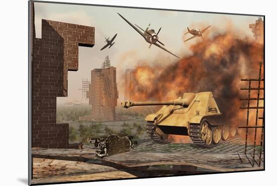 American P-47 Fighter Planes Attacking German Jagdpanther Tanks-null-Mounted Premium Giclee Print