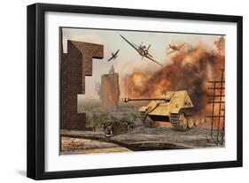 American P-47 Fighter Planes Attacking German Jagdpanther Tanks-null-Framed Art Print