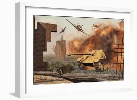 American P-47 Fighter Planes Attacking German Jagdpanther Tanks-null-Framed Art Print