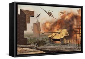 American P-47 Fighter Planes Attacking German Jagdpanther Tanks-null-Framed Stretched Canvas