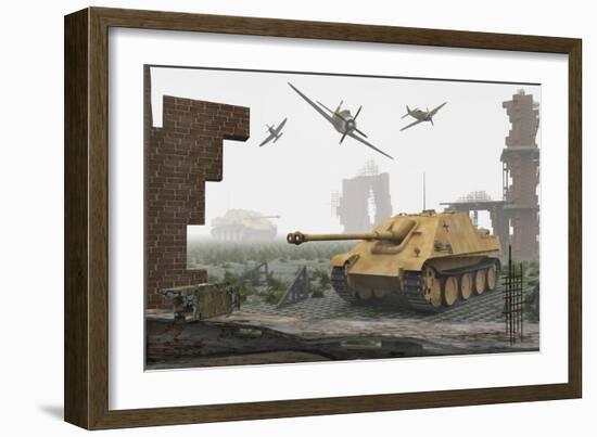 American P-47 Fighter Planes Attacking German Jagdpanther Tanks-null-Framed Art Print