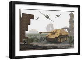 American P-47 Fighter Planes Attacking German Jagdpanther Tanks-null-Framed Art Print