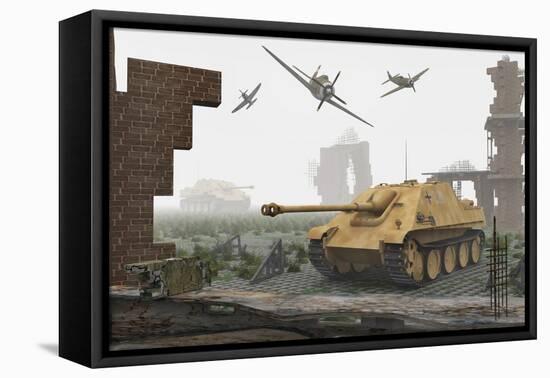 American P-47 Fighter Planes Attacking German Jagdpanther Tanks-null-Framed Stretched Canvas