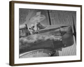 American Pilot Safely Landing His Dauntless Dive Bomber as Smoke Pours from the Engine-William C^ Shrout-Framed Photographic Print