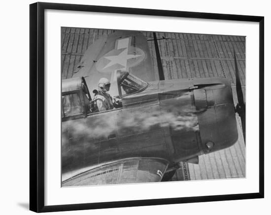 American Pilot Safely Landing His Dauntless Dive Bomber as Smoke Pours from the Engine-William C^ Shrout-Framed Photographic Print