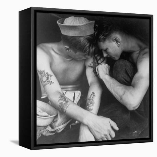 American Sailor Having Another Tattoo Done by Shipmate Aboard Battleship USS New Jersey During WWII-Charles Fenno Jacobs-Framed Stretched Canvas