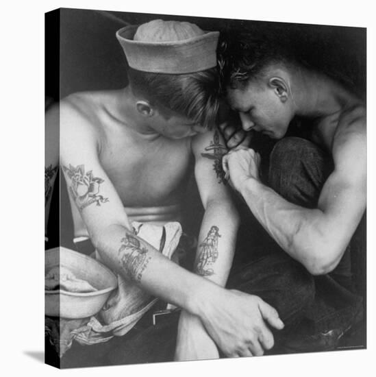 American Sailor Having Another Tattoo Done by Shipmate Aboard Battleship USS New Jersey During WWII-Charles Fenno Jacobs-Stretched Canvas