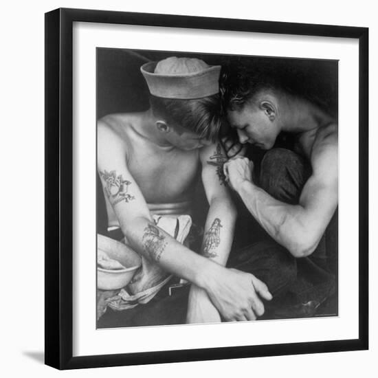 American Sailor Having Another Tattoo Done by Shipmate Aboard Battleship USS New Jersey During WWII-Charles Fenno Jacobs-Framed Photographic Print