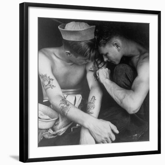 American Sailor Having Another Tattoo Done by Shipmate Aboard Battleship USS New Jersey During WWII-Charles Fenno Jacobs-Framed Photographic Print