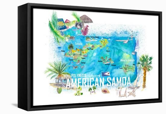 American Samoa Illustrated Island Travel Map with Roads and Highlights-M. Bleichner-Framed Stretched Canvas