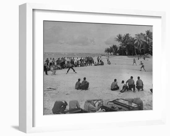 American Servicemen Playing Softball on an Idle Stretch of Runway While Other Soldiers Look On-J^ R^ Eyerman-Framed Photographic Print