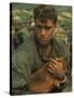 American Soldier Cradling Dog While under Siege at Khe Sanh-Larry Burrows-Stretched Canvas