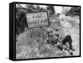 American Soldier Elmer Habbs of Delaware Resting as Troops Advance in Allied Invasion of Normandy-Bob Landry-Framed Stretched Canvas