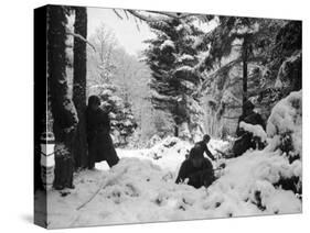 American Soldiers Crouched in Snowy Woods Near Amonines During the Battle of the Bulge-null-Stretched Canvas