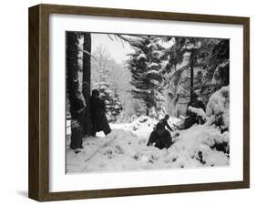 American Soldiers Crouched in Snowy Woods Near Amonines During the Battle of the Bulge-null-Framed Photographic Print