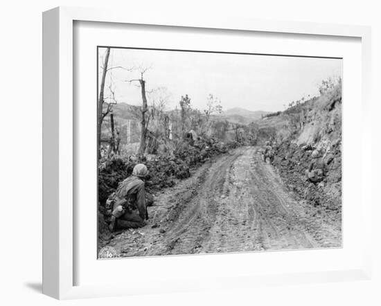 American Soldiers Kneeling on Side of Road in Okinawa-null-Framed Photographic Print