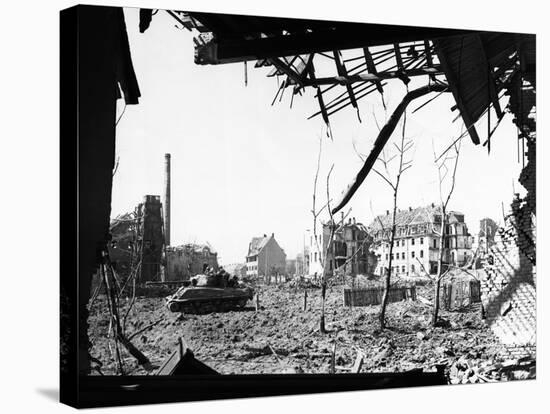 American Tank Amid Rubble in Street of German City-null-Stretched Canvas