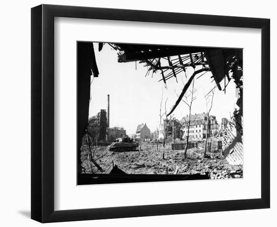 American Tank Amid Rubble in Street of German City-null-Framed Photographic Print