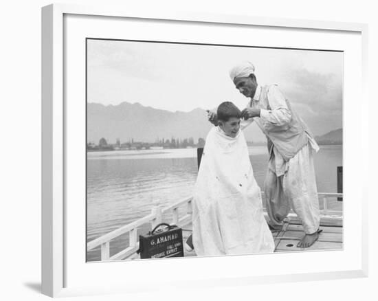 American Tourist, Young Danny Thomas Receiving Hair Cut on House Boat During Vacationing-James Burke-Framed Photographic Print