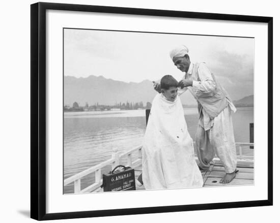 American Tourist, Young Danny Thomas Receiving Hair Cut on House Boat During Vacationing-James Burke-Framed Photographic Print