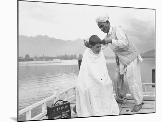 American Tourist, Young Danny Thomas Receiving Hair Cut on House Boat During Vacationing-James Burke-Mounted Photographic Print