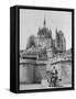 American Travelers Below France's Medieval Abbey at Mont Saint Michel Reading Together from a Book-Yale Joel-Framed Stretched Canvas