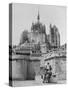 American Travelers Below France's Medieval Abbey at Mont Saint Michel Reading Together from a Book-Yale Joel-Stretched Canvas