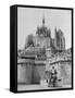 American Travelers Below France's Medieval Abbey at Mont Saint Michel Reading Together from a Book-Yale Joel-Framed Stretched Canvas