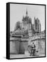 American Travelers Below France's Medieval Abbey at Mont Saint Michel Reading Together from a Book-Yale Joel-Framed Stretched Canvas