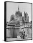 American Travelers Below France's Medieval Abbey at Mont Saint Michel Reading Together from a Book-Yale Joel-Framed Stretched Canvas