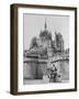 American Travelers Below France's Medieval Abbey at Mont Saint Michel Reading Together from a Book-Yale Joel-Framed Photographic Print