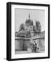 American Travelers Below France's Medieval Abbey at Mont Saint Michel Reading Together from a Book-Yale Joel-Framed Photographic Print