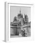 American Travelers Below France's Medieval Abbey at Mont Saint Michel Reading Together from a Book-Yale Joel-Framed Photographic Print