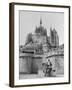 American Travelers Below France's Medieval Abbey at Mont Saint Michel Reading Together from a Book-Yale Joel-Framed Photographic Print