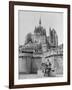 American Travelers Below France's Medieval Abbey at Mont Saint Michel Reading Together from a Book-Yale Joel-Framed Photographic Print