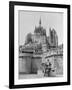 American Travelers Below France's Medieval Abbey at Mont Saint Michel Reading Together from a Book-Yale Joel-Framed Photographic Print