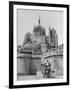 American Travelers Below France's Medieval Abbey at Mont Saint Michel Reading Together from a Book-Yale Joel-Framed Photographic Print